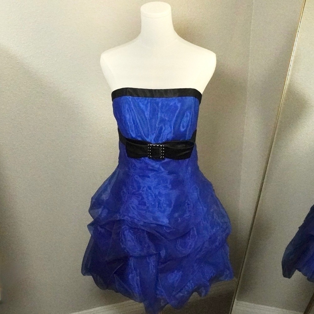 Vintage Jessica McClintock Gunne Sax Mini Dress Strapless Blue 90s Partycore 7 - Picture 3 of 11